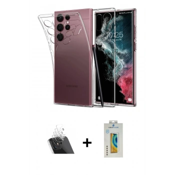 MARSİLYAN™- Galaxy S22 Ultra Kılıf Zirve Doku - Şeffaf Polymer Nano Ekran Koruyucu + Kamera Lens Koruma Cam - SF
