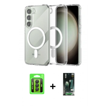 MARSİLYAN™- Galaxy S23 Kılıf Ahenk Yansıma Prime - Şeffaf 360 Full Body Arka Koruyucu + Raze Metal Kamera Lens - SH