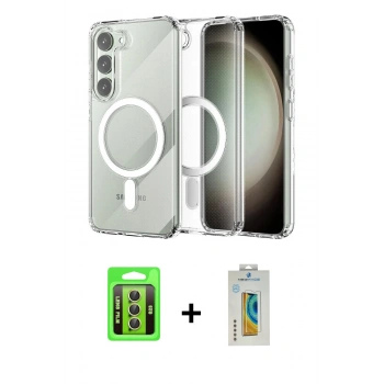 MARSİLYAN™- Galaxy S23 Kılıf Ahenk Yansıma Prime - Şeffaf Polymer Nano Ekran Koruyucu + Raze Metal Kamera Lens - SI