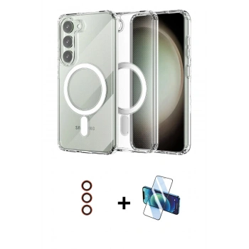 MARSİLYAN™- Galaxy S23 Kılıf Ahenk Yansıma Prime - Siyah 3D Antistatik Seramik Nano Ekran Koruyucu + Metal Kamera Lens - KI