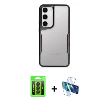 MARSİLYAN™- Galaxy S23 Kılıf Akış Çizgi Koleksiyonu - Siyah 3D Antistatik Cam Ekran Koruyucu + Raze Metal Kamera Lens - SH