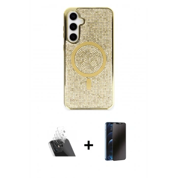 MARSİLYAN™- Galaxy S23 Kılıf Eksen Çizgi - Siyah 3D Antistatik Hayalet Cam Ekran Koruyucu + Kamera Lens Koruma Cam - SF