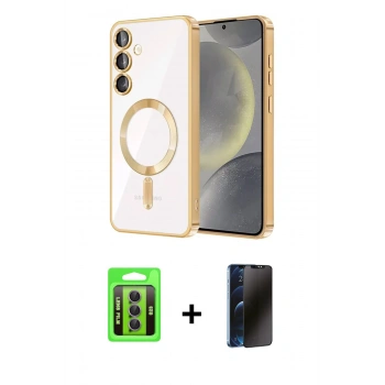 MARSİLYAN™- Galaxy S23 Kılıf Nova Işık Özel Seri - Siyah 3D Antistatik Hayalet Cam Ekran Koruyucu + Raze Metal Kamera Lens - MR