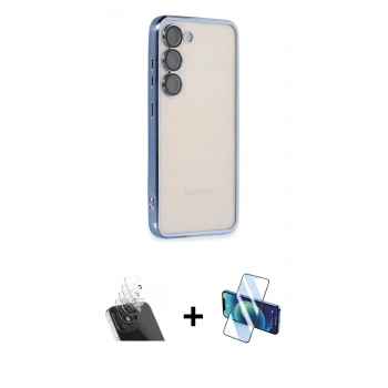 MARSİLYAN™- Galaxy S23 Kılıf Vadi Minimal - Siyah 3D Antistatik Cam Ekran Koruyucu + Kamera Lens Koruma Cam - SF