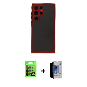 MARSİLYAN™- Galaxy S23 Ultra Kılıf Ahenk Çizgi Serisi - Siyah Durable Full Glue Curved Hayalet Cam + Raze Metal Kamera Lens - GS