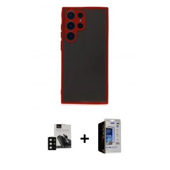 MARSİLYAN™- Galaxy S23 Ultra Kılıf Ahenk Çizgi Serisi - Siyah Durable Full Glue Curved Hayalet Cam + PVD Metal Kamera Lens - SH