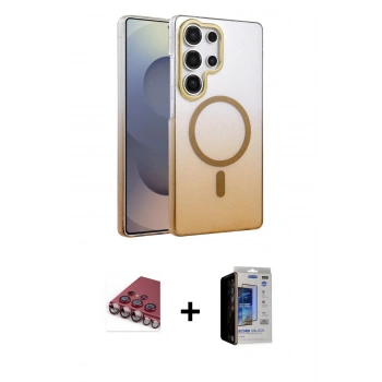 MARSİLYAN™- Galaxy S23 Ultra Kılıf Ahenk Doku Özel Seri - Siyah Durable Full Glue Curved Hayalet Cam + Valdez Metal Kamera Lens - KI
