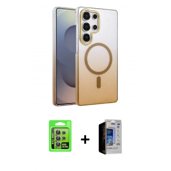 MARSİLYAN™- Galaxy S23 Ultra Kılıf Ahenk Doku Özel Seri - Siyah Durable Full Glue Curved Hayalet Cam + Raze Metal Kamera Lens - LA