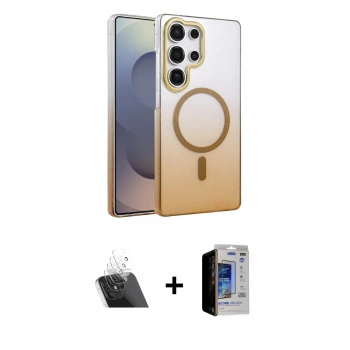 MARSİLYAN™- Galaxy S23 Ultra Kılıf Ahenk Doku Özel Seri - Siyah Durable Full Glue Curved Hayalet Cam + Kamera Lens Koruma Cam - SF
