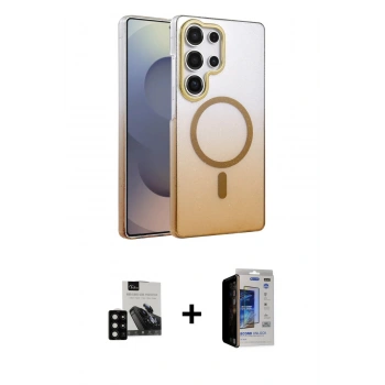 MARSİLYAN™- Galaxy S23 Ultra Kılıf Ahenk Doku Özel Seri - Siyah Durable Full Glue Curved Hayalet Cam + PVD Metal Kamera Lens - SH