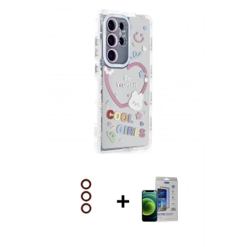 MARSİLYAN™- Galaxy S23 Ultra Kılıf Ahenk Modern Serisi - Siyah Durable Full Glue Curved Cam + Metal Kamera Lens - KI