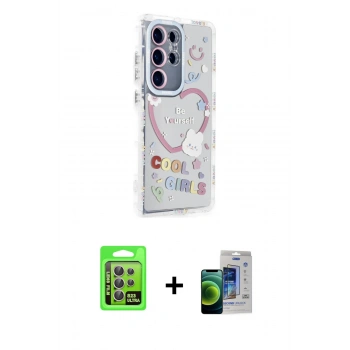 MARSİLYAN™- Galaxy S23 Ultra Kılıf Ahenk Modern Serisi - Siyah Durable Full Glue Curved Cam + Raze Metal Kamera Lens - LA
