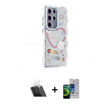 MARSİLYAN™- Galaxy S23 Ultra Kılıf Ahenk Modern Serisi - Siyah Durable Full Glue Curved Cam + Kamera Lens Koruma Cam - SF