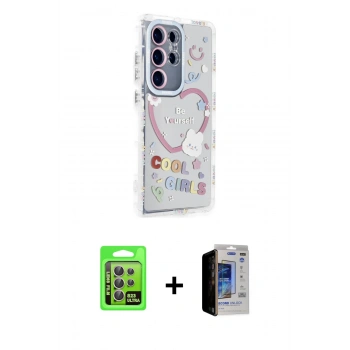 MARSİLYAN™- Galaxy S23 Ultra Kılıf Ahenk Modern Serisi - Siyah Durable Full Glue Curved Hayalet Cam + Raze Metal Kamera Lens - LA