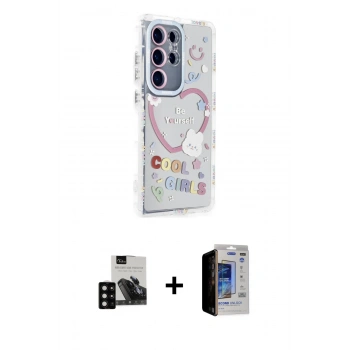 MARSİLYAN™- Galaxy S23 Ultra Kılıf Ahenk Modern Serisi - Siyah Durable Full Glue Curved Hayalet Cam + PVD Metal Kamera Lens - SH