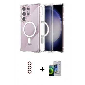 MARSİLYAN™- Galaxy S23 Ultra Kılıf Ahenk Yansıma Prime - Siyah Durable Full Glue Curved Cam + Metal Kamera Lens - KI