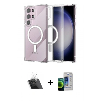 MARSİLYAN™- Galaxy S23 Ultra Kılıf Ahenk Yansıma Prime - Siyah Durable Full Glue Curved Cam + Kamera Lens Koruma Cam - SF