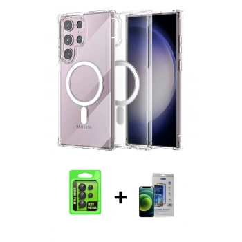 MARSİLYAN™- Galaxy S23 Ultra Kılıf Ahenk Yansıma Prime - Siyah Durable Full Glue Curved Cam + Raze Metal Kamera Lens - SH