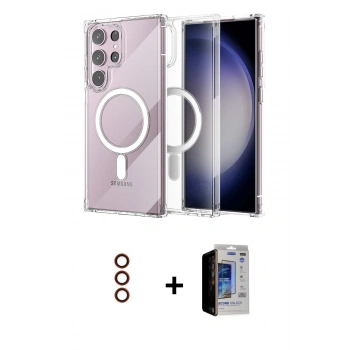 MARSİLYAN™- Galaxy S23 Ultra Kılıf Ahenk Yansıma Prime - Siyah Durable Full Glue Curved Hayalet Cam + Metal Kamera Lens - KI