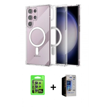 MARSİLYAN™- Galaxy S23 Ultra Kılıf Ahenk Yansıma Prime - Siyah Durable Full Glue Curved Hayalet Cam + Raze Metal Kamera Lens - YL