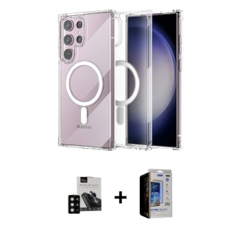MARSİLYAN™- Galaxy S23 Ultra Kılıf Ahenk Yansıma Prime - Siyah Durable Full Glue Curved Hayalet Cam + PVD Metal Kamera Lens - SH