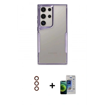 MARSİLYAN™- Galaxy S23 Ultra Kılıf Akış Çizgi Koleksiyonu - Siyah Durable Full Glue Curved Cam + Metal Kamera Lens - KI