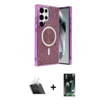 MARSİLYAN™- Galaxy S23 Ultra Kılıf Eksen Çizgi - Şeffaf 360 Full Body Arka Koruyucu + Kamera Lens Koruma Cam - SF