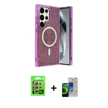 MARSİLYAN™- Galaxy S23 Ultra Kılıf Eksen Çizgi - Siyah Durable Full Glue Curved Cam + Raze Metal Kamera Lens - GS