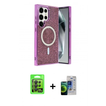 MARSİLYAN™- Galaxy S23 Ultra Kılıf Eksen Çizgi - Siyah Durable Full Glue Curved Cam + Raze Metal Kamera Lens - SH