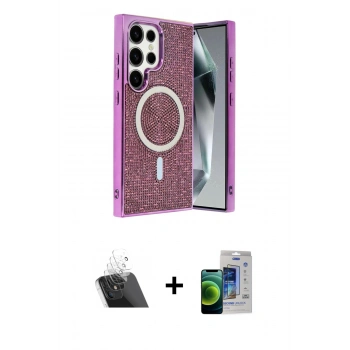 MARSİLYAN™- Galaxy S23 Ultra Kılıf Eksen Çizgi - Siyah Durable Full Glue Curved Cam + Kamera Lens Koruma Cam - SF
