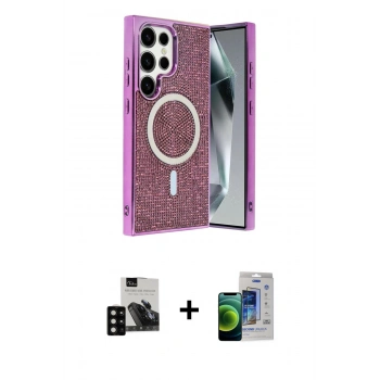 MARSİLYAN™- Galaxy S23 Ultra Kılıf Eksen Çizgi - Siyah Durable Full Glue Curved Cam + PVD Metal Kamera Lens - SH