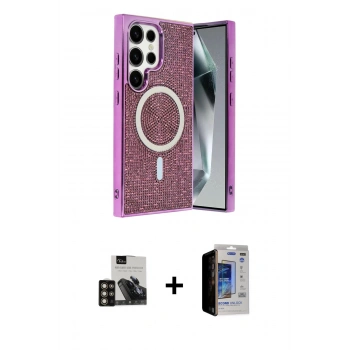 MARSİLYAN™- Galaxy S23 Ultra Kılıf Eksen Çizgi - Siyah Durable Full Glue Curved Hayalet Cam + PVD Metal Kamera Lens - GD