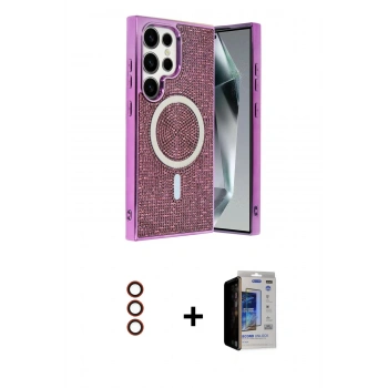 MARSİLYAN™- Galaxy S23 Ultra Kılıf Eksen Çizgi - Siyah Durable Full Glue Curved Hayalet Cam + Metal Kamera Lens - KI