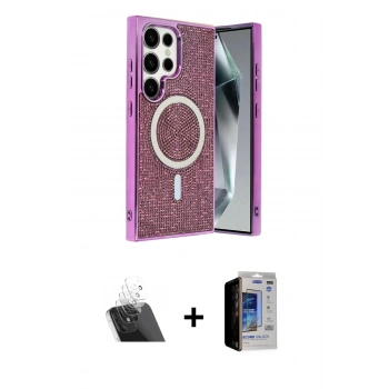 MARSİLYAN™- Galaxy S23 Ultra Kılıf Eksen Çizgi - Siyah Durable Full Glue Curved Hayalet Cam + Kamera Lens Koruma Cam - SF