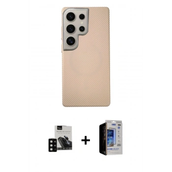 MARSİLYAN™- Galaxy S23 Ultra Kılıf Eksen Prime - Siyah Durable Full Glue Curved Hayalet Cam + PVD Metal Kamera Lens - SH
