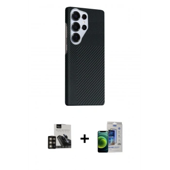 MARSİLYAN™- Galaxy S23 Ultra Kılıf Kozmos Klasik Prime - Siyah Durable Full Glue Curved Cam + PVD Metal Kamera Lens - GD