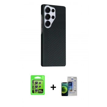 MARSİLYAN™- Galaxy S23 Ultra Kılıf Kozmos Klasik Prime - Siyah Durable Full Glue Curved Cam + Raze Metal Kamera Lens - GS