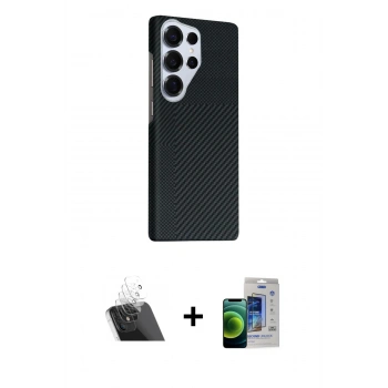 MARSİLYAN™- Galaxy S23 Ultra Kılıf Kozmos Klasik Prime - Siyah Durable Full Glue Curved Cam + Kamera Lens Koruma Cam - SF