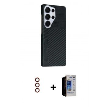 MARSİLYAN™- Galaxy S23 Ultra Kılıf Kozmos Klasik Prime - Siyah Durable Full Glue Curved Hayalet Cam + Metal Kamera Lens - KI
