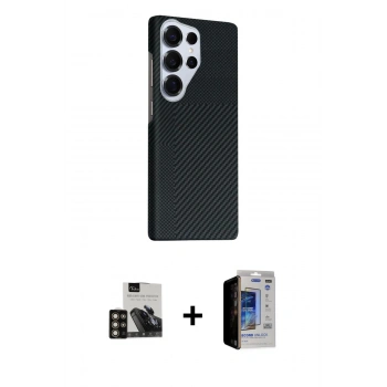MARSİLYAN™- Galaxy S23 Ultra Kılıf Kozmos Klasik Prime - Siyah Durable Full Glue Curved Hayalet Cam + PVD Metal Kamera Lens - GD