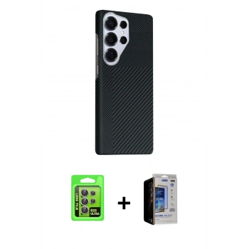 MARSİLYAN™- Galaxy S23 Ultra Kılıf Kozmos Klasik Prime - Siyah Durable Full Glue Curved Hayalet Cam + Raze Metal Kamera Lens - LA