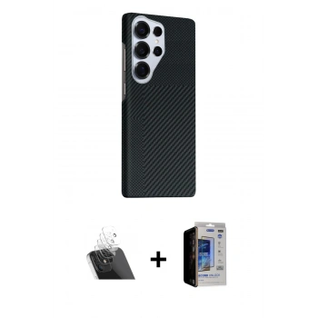 MARSİLYAN™- Galaxy S23 Ultra Kılıf Kozmos Klasik Prime - Siyah Durable Full Glue Curved Hayalet Cam + Kamera Lens Koruma Cam - SF