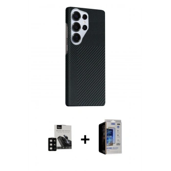 MARSİLYAN™- Galaxy S23 Ultra Kılıf Kozmos Klasik Prime - Siyah Durable Full Glue Curved Hayalet Cam + PVD Metal Kamera Lens - SH