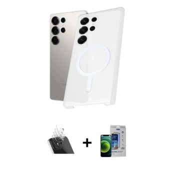MARSİLYAN™- Galaxy S23 Ultra Kılıf Kutup Minimal - Siyah Durable Full Glue Curved Cam + Kamera Lens Koruma Cam - SF