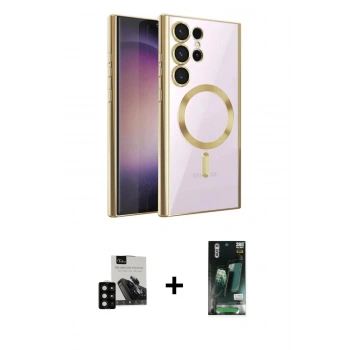 MARSİLYAN™- Galaxy S23 Ultra Kılıf Nova Işık Özel Seri - Şeffaf 360 Full Body Arka Koruyucu + PVD Metal Kamera Lens - SH