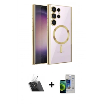 MARSİLYAN™- Galaxy S23 Ultra Kılıf Nova Işık Özel Seri - Siyah Durable Full Glue Curved Cam + Kamera Lens Koruma Cam - SF