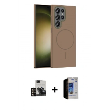 MARSİLYAN™- Galaxy S23 Ultra Kılıf Siluet Doku Özel Seri - Siyah Durable Full Glue Curved Hayalet Cam + PVD Metal Kamera Lens - GD