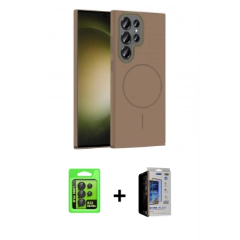 MARSİLYAN™- Galaxy S23 Ultra Kılıf Siluet Doku Özel Seri - Siyah Durable Full Glue Curved Hayalet Cam + Raze Metal Kamera Lens - SH
