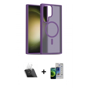 MARSİLYAN™- Galaxy S23 Ultra Kılıf Siluet Minimal Prime - Siyah Durable Full Glue Curved Cam + Kamera Lens Koruma Cam - SF