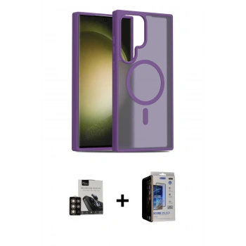 MARSİLYAN™- Galaxy S23 Ultra Kılıf Siluet Minimal Prime - Siyah Durable Full Glue Curved Hayalet Cam + PVD Metal Kamera Lens - GD